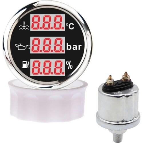 0-10 Bar Oil Pressure Gauge With NPT-1/8 M10x1 Sending Unit Water Temperature Meter 3 In 1 Digital Fuel Level Gauge Voltmeter