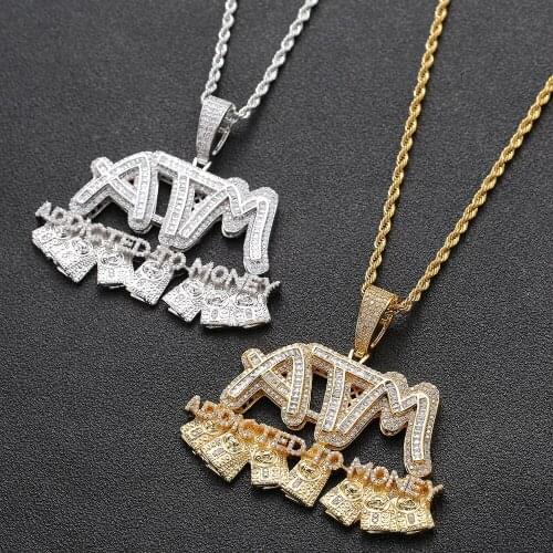 Iced Out Letters ATM Addicted To Money Pendant Necklaces 2 Colors AAA Zircon Mens Hip Hop Jewelry Gifts