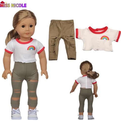 Personalized Beggar Outfit Fit 18 Inch American Doll Clothes Rainbow Shirt+Ripped Pant/Set For1/3 Bjd 43 Cm Reborn Baby Dolls