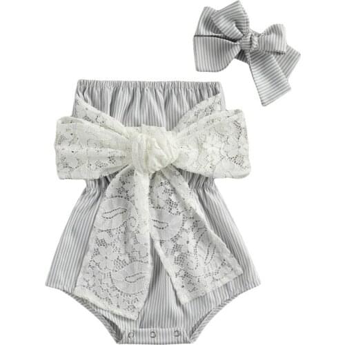 0-24M Newborn Infant Baby Girls Romper Off Shoulder Big Bowknot Lace Rompers Sleeveless Wrap Chest Jumpsuits One-Pieces Clothes