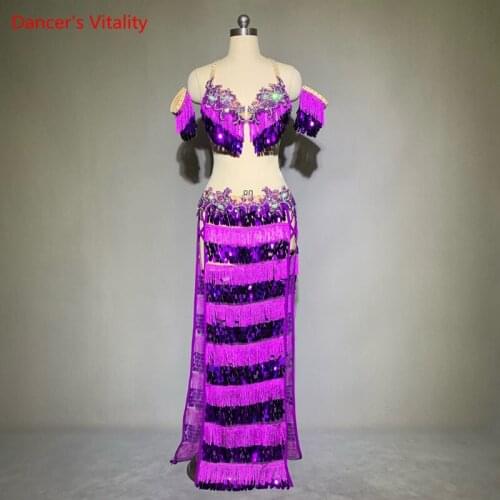 Belly Dance Set Sequins Diamond-Studded Bra Tassel Skirt Performance Clothes High-End Custom Adult Child Competition Clothing