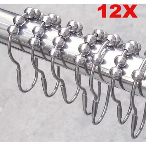 12pcs Practical Stainless Steel Curtain Hooks Bath Rollerball Shower Curtains Glide Rings Convenient Home Bathroom Accessories