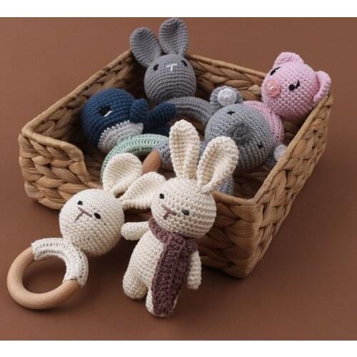 Newborn Rabbit Dolls 1pc Wooden Teether Crochet Rattle Toy BPA Free Wood Rodent Mobile Play Gym Baby Educational Toy Gifts