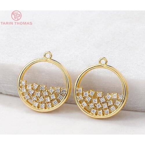 4PCS 15x17MM Hole 1MM 24K Gold Color Brass with Zircon Round Charm Pendants for DIY Jewelry Making Findings Accessories