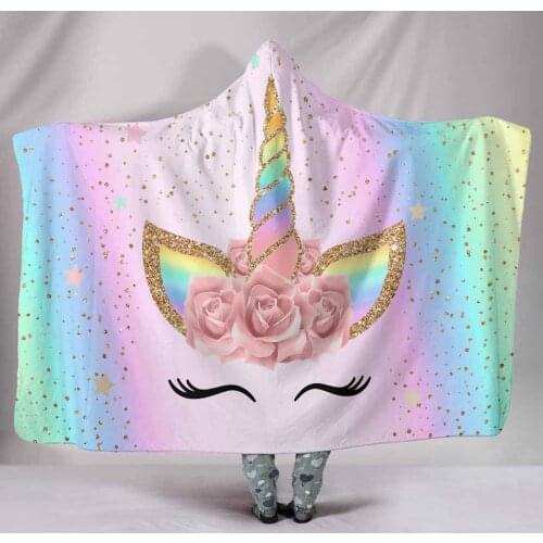 Cartoon Pink Unicorn Hooded Blanket For Kids Adults TV Reading Winter Warm Wearable Fleece Hoodie Throw Blankets