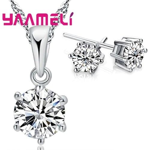 Classic 925 Sterling Silver Bridal Wedding Jewelry Accessory Princess Austrian Crystal Party Necklaces Earring Set