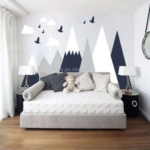Mountains Wall Decal Woodland Baby Room Decal Clouds Birds Toddlers Custom Personalized Washable Headboard Sticker Nursery Z391