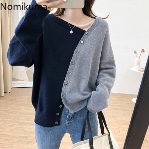 Nomikuma Irregular Slanted Single Breasted Cardigan Women Contrast Color Patchwork Long Sleeve Sweater Korean Fashion Tops New