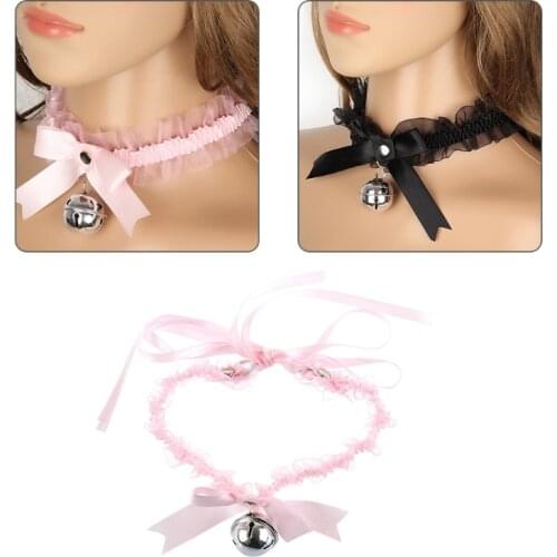 Women Sexy Ruffled Lace Bow Choker Necklace with Bell Harajuku Lolita Anime Jewelry Collar Necklet Cosplay Sex Toys