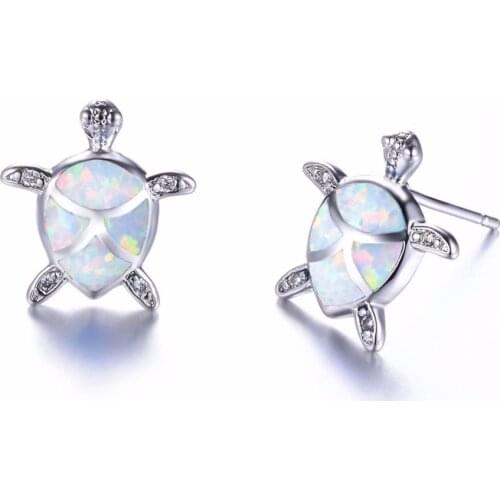 New 925 Sterling Silver Lovely Turtle Stud Earrings Brincos White Blue Fire Opal Animal Earrings