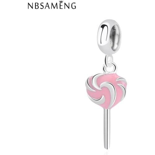 Original 925 Sterling Silver Bead Charms Pink Lollipop Pendant Charm Fit Bracelet Bangle Beads For Jewelry Making