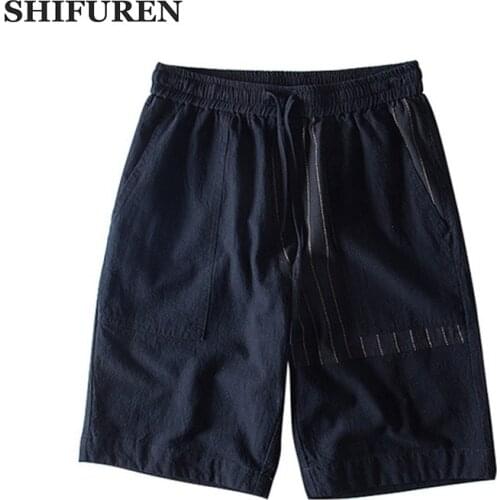 SHIFUREN Causal Men Linen Cotton Shorts Elastic Waistband Drawstring Male Work Overalls Beach Short Trousers Solid Color