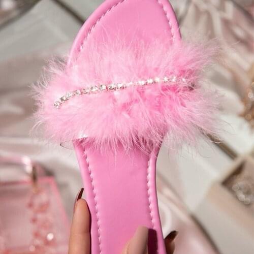 2021 Women Crystal Short Plush Slippers Female New Fashion Party Summer Beach Slides Ladies Sewing Open Toe Flat Big Size
