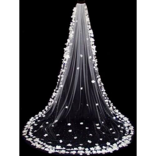 1T Appliques Cathedral Length White Ivory Wedding Veil Crystal Beaded Bride Veils Bridal Hair With Comb