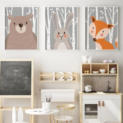 3PCS/Set Nordic Triptych Cute Cartoon Animal Girl Decorative Picture Childrens Room Kindergarten Frameless Canvas Painting Wall