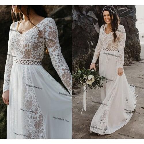 Crochet Cotton Lace Wedding Dresses 2021 Hippie Beach Boho Fairy Chiffon Skirt Long Sleeve champagne lining Bridal Gown