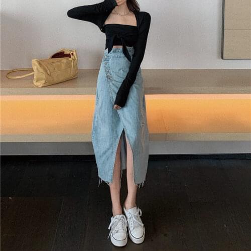 Women Korean Style Long Denim Skirt Women Streetwear Irregular Split Skirt Harajuku Cool Casual A-Line Y2k Skirt Bottom