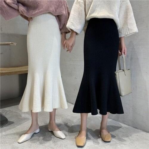 Fall Winter Korean Chic Ruffles Slim High Waist Mermaid Skirts Women Wild Solid Wrap Hip Knitted Trumpet Skirt Faldas Q48