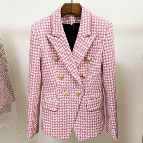 Pink Plaid Womens Jacket 2021 New Double Breasted Button Houndstooth Womens Blazers Long Sleeve Suit Coat High Quality