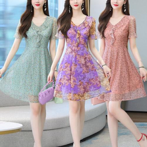 M-5XL Women Chiffon Summer Print Floral Dress Casual 2021 V-Neck Short Sleeve Elegant Party Midi Dresses Plus Size Vestidos robe