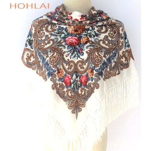 110*110cm Women Russian National Scarf Shawl Lady Tassel Floral Print Cotton Headscarf Wraps Beach Travel Shade Shawls Bandana