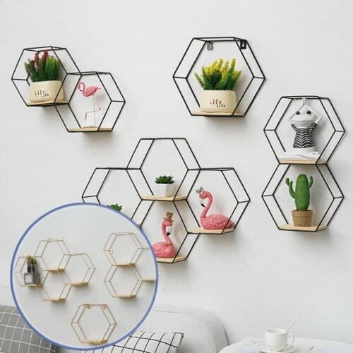 2021 Morden Nordic Hexagonal Iron Stand Small Pot Wall Shelving Holder Home Shelf Storage Holder Decorative Shelves