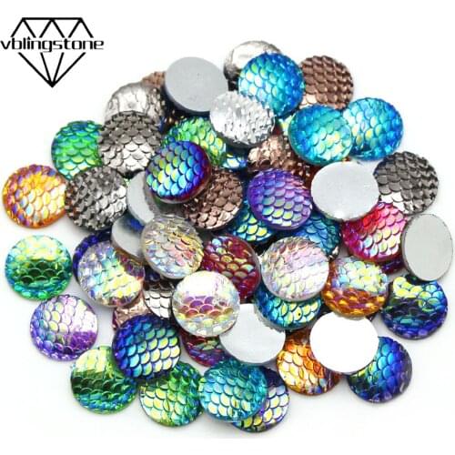 50Pcs Mermaid Resin Rhinestones Round Fish Scales AB Colors Crystal 14MM Flatback Phone Sticker Glue On Clothes DIY Crafts