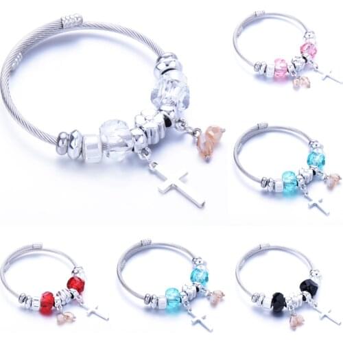 Women Stainless Steel Crystal Cross Charms Bracelets Wire Cable Rhinestones Open Adjustable Cuff Bangles DIY Jewelry