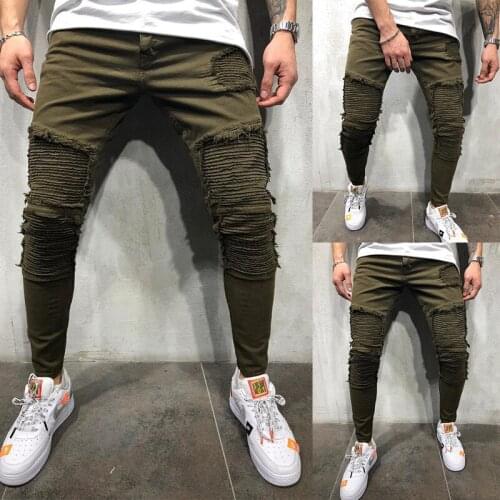 European Size Summer New Casual Fashion Men ArmyGreen Pleated Ripped Jeans Trousers