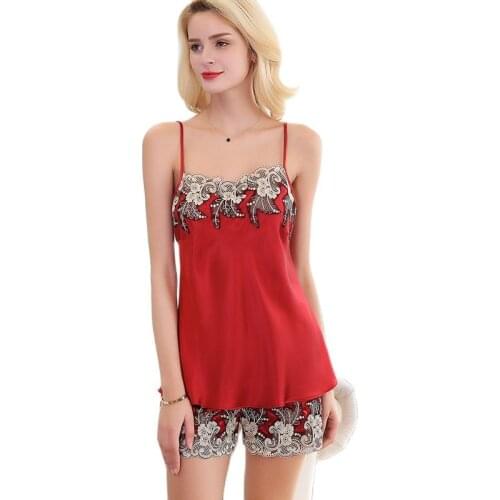 D33192 New Fashion women Suit camisole Shorts two-piece split Set Spring and Summer Sexy 100% Silk Lace Nightgown Pajama Sets