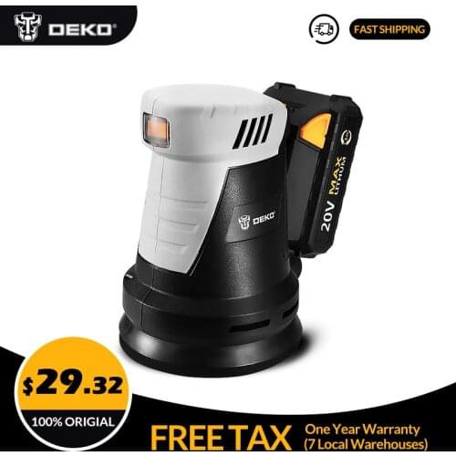 DEKO 20V Cordless Random Orbit Sander with 15 Sheets of sandpaper and Hybrid dust canister Lithium-Ion Battery 10,000/min