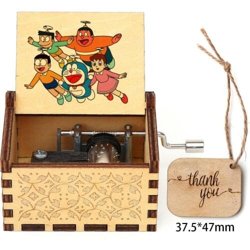 Hand Wooden Music Box Doraemon Print Musical Box Antique Wood Carving Music Gift Boy Girl Birthday Gift