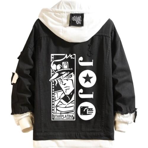 Men Women Black Jeans Jacket Anime JoJos Bizarre Adventure Denim Coat Sweatshirt Outwear Halloween Cartoon Cosplay Costume Tops