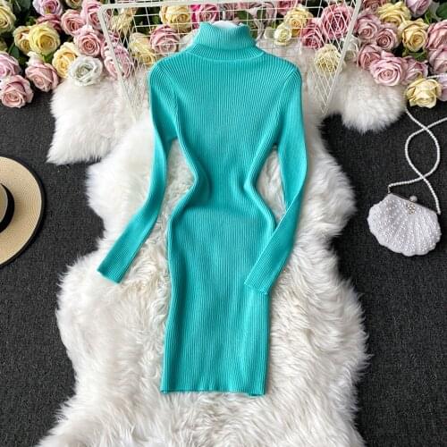 Stretch Sexy Party Dresses Robe Autumn Winter New Fashion Women Dress 2021Turtleneck Long Sleeve Warm Knitted Sweaters Bodycon