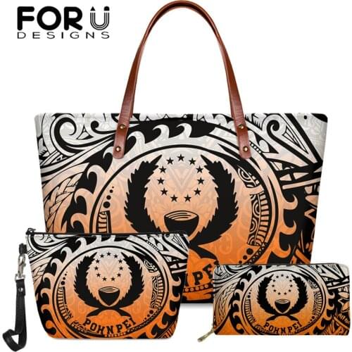 FORUDESIGNS Vintage Shoulder Bags 3Set for Ladies Polynesian Tribe Pohnpei Printing Large Soft Women Handbag Female Travel Totes