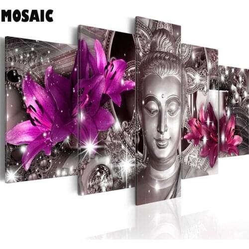 Full square round 5d diamond embroidery buddha lily pattern diamond painting home decoration mosaic diamond picture pastes 5pcs