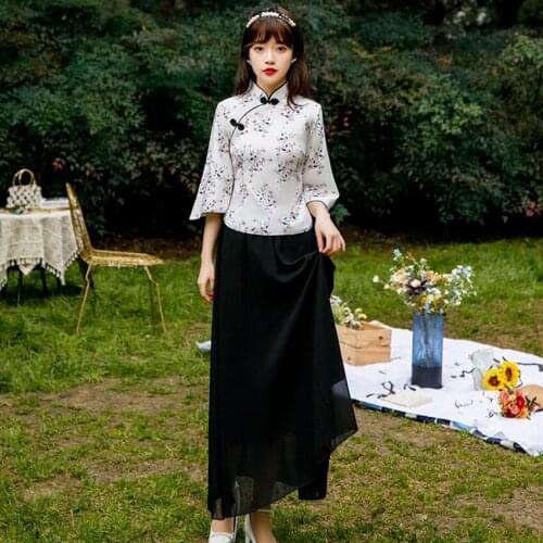 Chinese Traditioanl Clothing for Women Cheongsam Top Vintage Hanfu Dress Retro Dresses Fairy Elegant Skirt Sets Floral Print