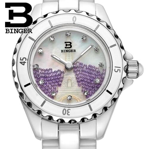 Genuine Switzerland BINGER Women ceramic quartz dress watches fashion female diamond rhinestone waterproof relief Eiffel Tower