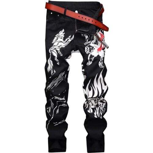 New Mens Male casual animal printed black jeans Fashion slim skinny denim pants trousers