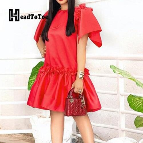 Solid Bow Dip Hem Ruffles Fashion Dresses for Women Short Sleeve Round Neck Knee Length Loose Dress Women