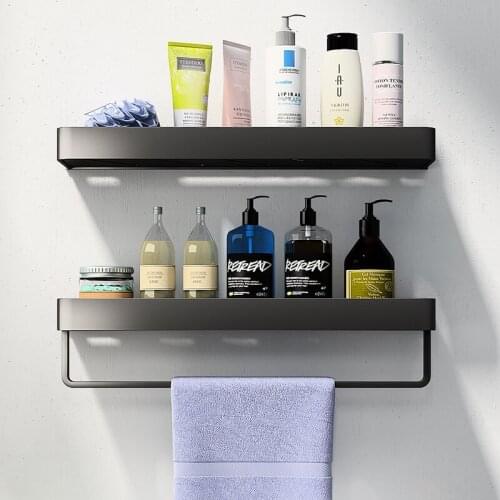 Punch-free Black Aluminum Storage Rack Bathroom Shelf With Towel Bar Lotions Storage Organizer For Bathroom Accessories Set