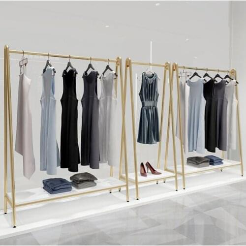 Clothing store display shelf floor type gold hanger fashion simple clothing shelf iron shelf display hanger