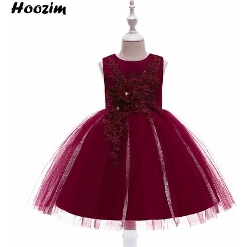 Luxury Burgundy Sequin Tulle Wedding Party And Prom Ball Gown Dress Girls 4 To 11 Years White Embroidery Flower Evening Dresses