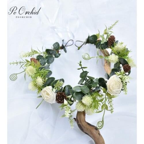 PEORCHID Handmade Green White Bridal Headpieces Wreaths Artificial flower Crown Accesoires Cheveux Hair Vine Wedding Headdress