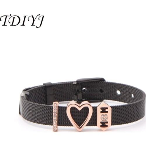 TDIYJ I LOVE MOM Pink Blue Heart DIY Personized Keeper Black Bracelet Mesh Fit Stainless Steel Bracelet 1Pcs/lot