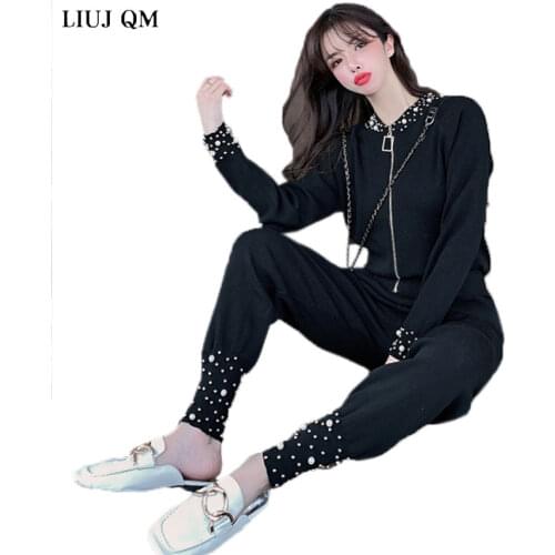 Heavy Industry Pearl Knitted Casual Womens Tracksuit Set Jogger 2021 Autumn Fashion Loose Sportswear Women Two Piece Tracksuit