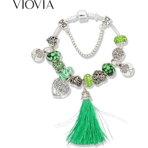 Dropshipping Green Tassel Tree of Life Charm Bracelet Silver Color Heart Flower Bead Bracelets & Bangles Fashion Jewelry B19036