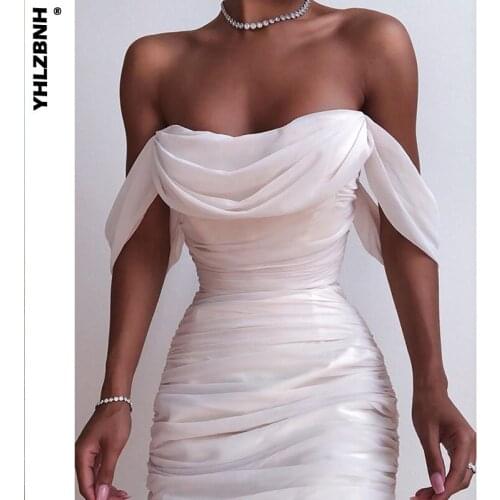 YHLZBNH Summer Womens Sexy Slim Solid Dresses Mesh Strapless Chest Wrap Shirring Backless Elastic Ruffle White Long Dress