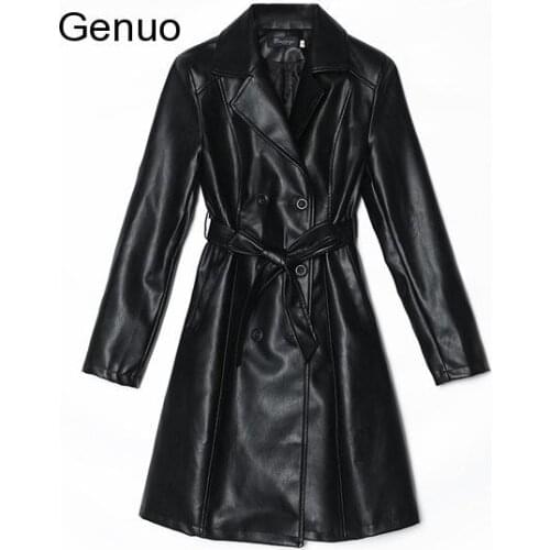 Women Sheepskin Pu Leather Jacket Belt Gothic Black Trench Free Wash Autumn Winter Double-Breasted Plus Size Cotton Coat