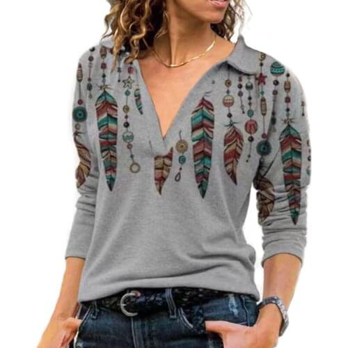 Autumn Vintage Clothes Women Casual Loose Print Turn Down Collar Long Sleeve V-Neck Top Shirts Femme Pullover T-Shirt Basic